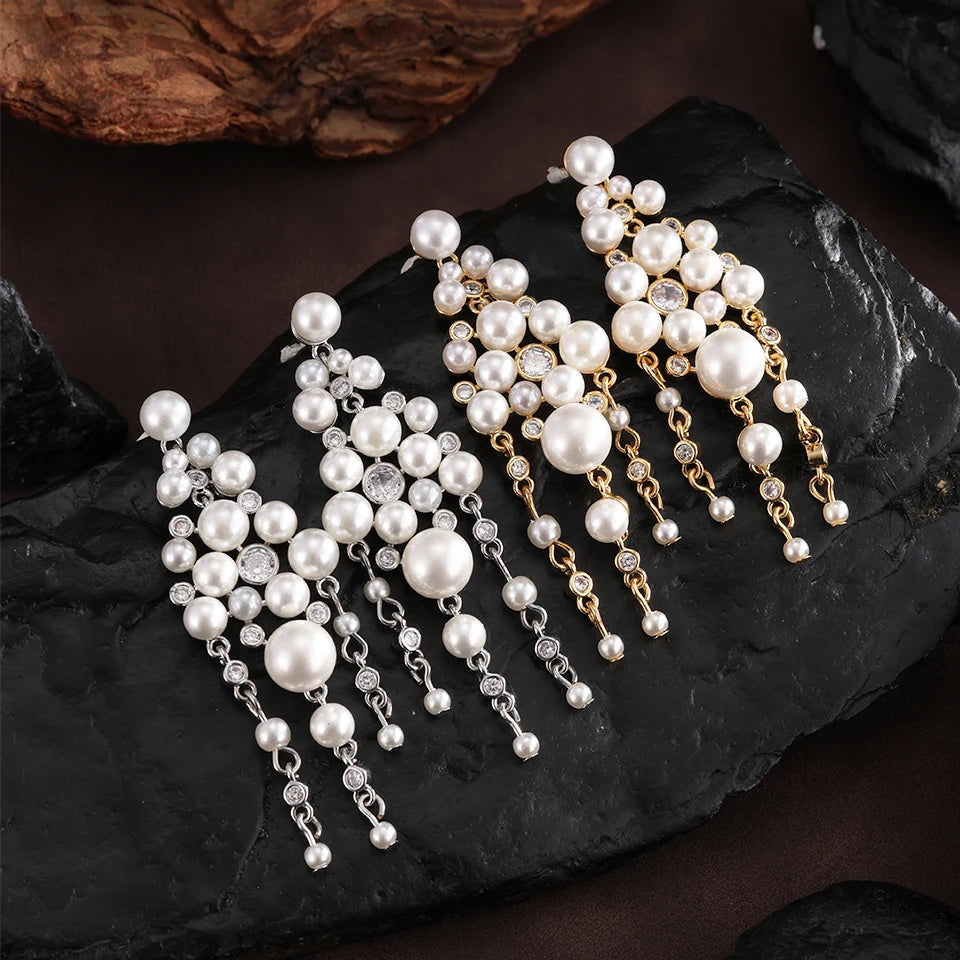 Pearl Zircon Tassel Long Drop Earrings