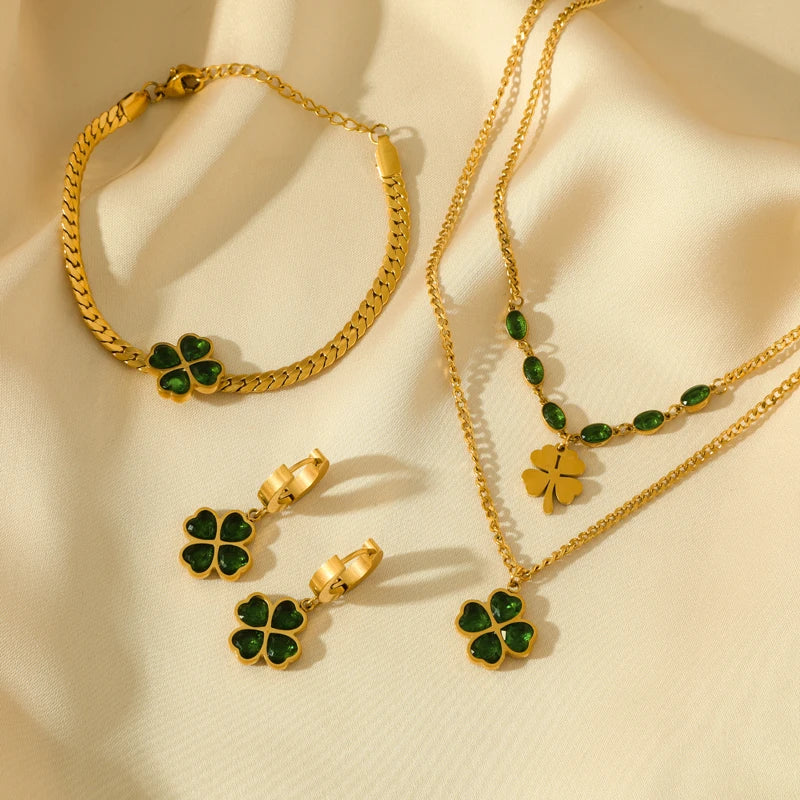 Stainless Steel Green Clover Zircon Necklace Bracelet Earrings