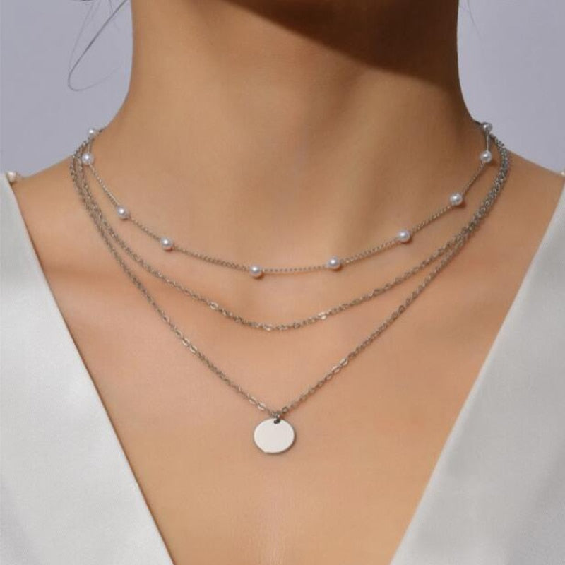 Crystal Zircon Heart Star Charm Layered Pendant Necklace Set