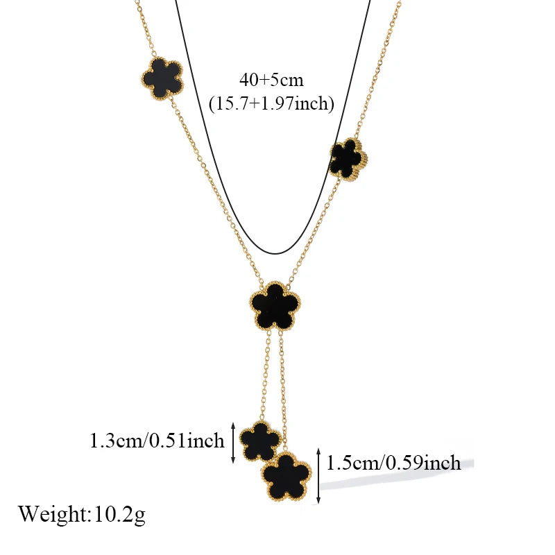 Stainless Steel Black Five Leaf Clover Tassel Pendant Necklace