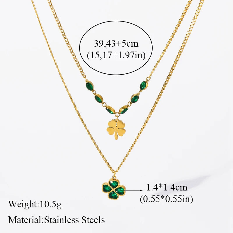 Stainless Steel Green Clover Zircon Necklace Bracelet Earrings