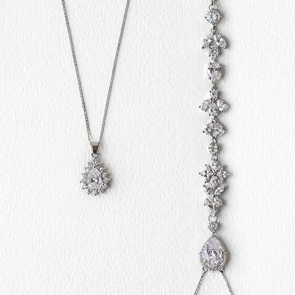 Zircon Leaf Back Chain Necklace Rhinestone Long Water Drop Body Chain Bridal Wedding Accessories
