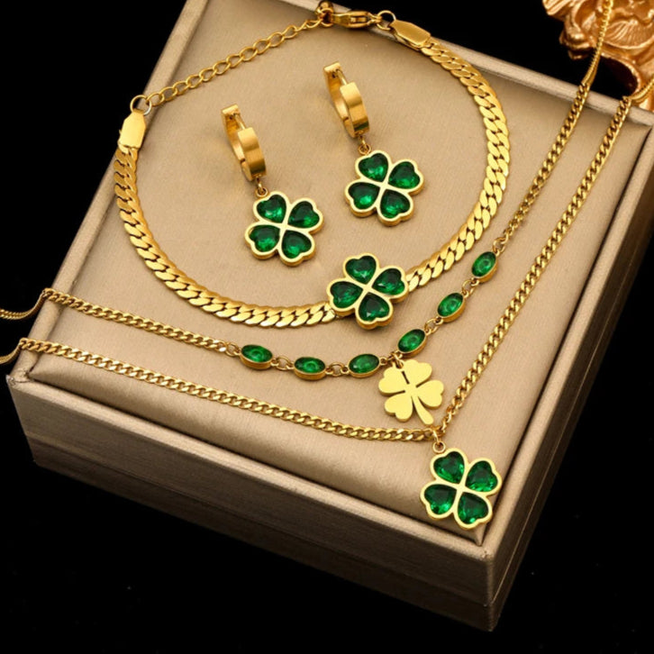 Stainless Steel Green Clover Zircon Necklace Bracelet Earrings
