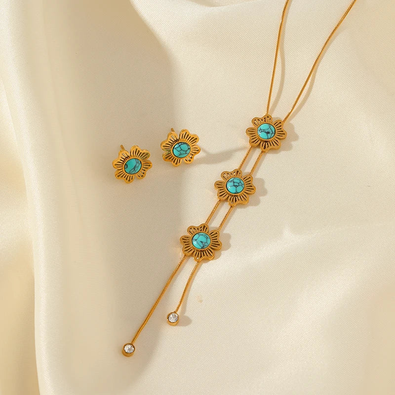 Stainless Steel Sparkling White Zircon Necklace Earrings Set