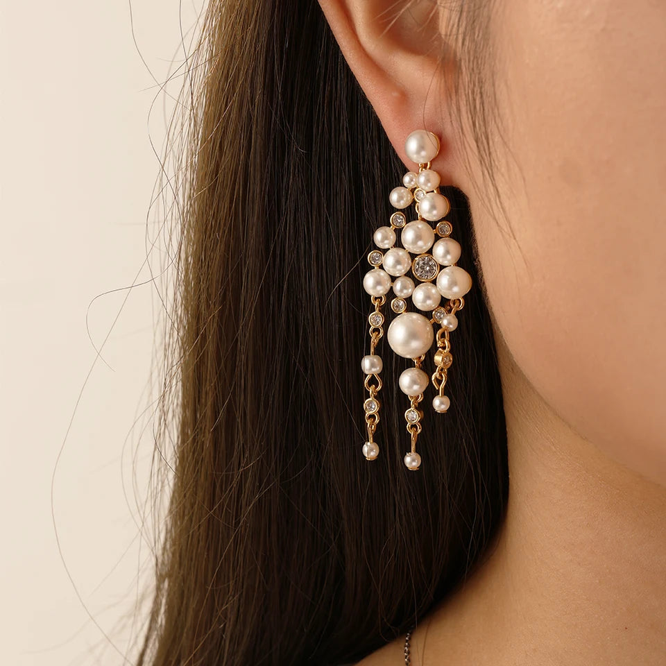 Pearl Zircon Tassel Long Drop Earrings