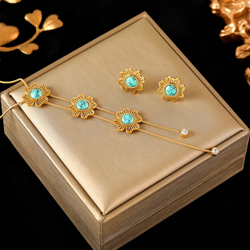 Stainless Steel Sparkling White Zircon Necklace Earrings Set