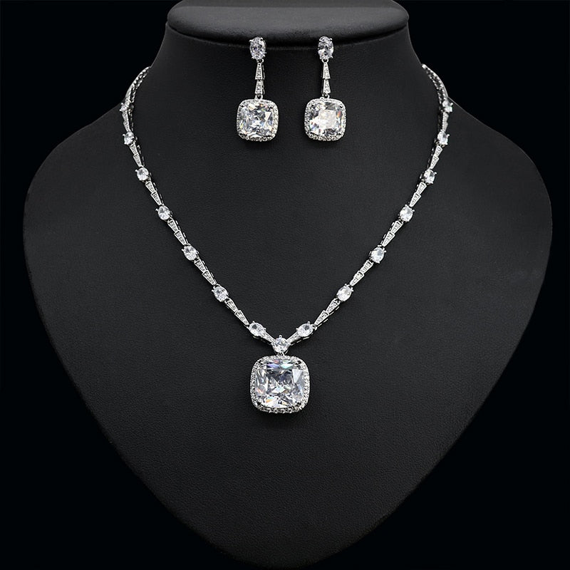 Green Square Cubic Zirconia Jewelry Set with Necklace and Earrings