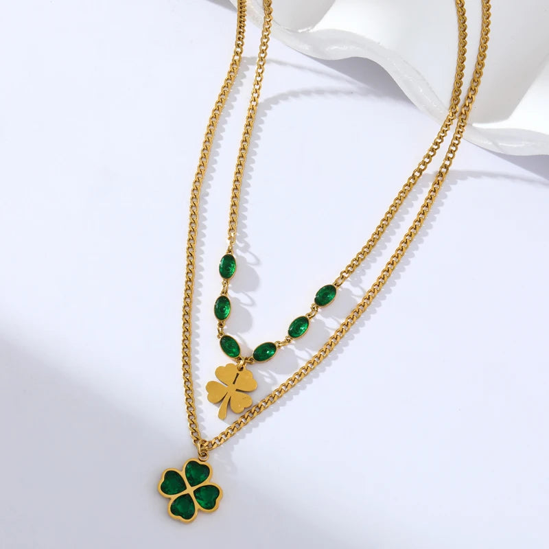 Stainless Steel Green Clover Zircon Necklace Bracelet Earrings