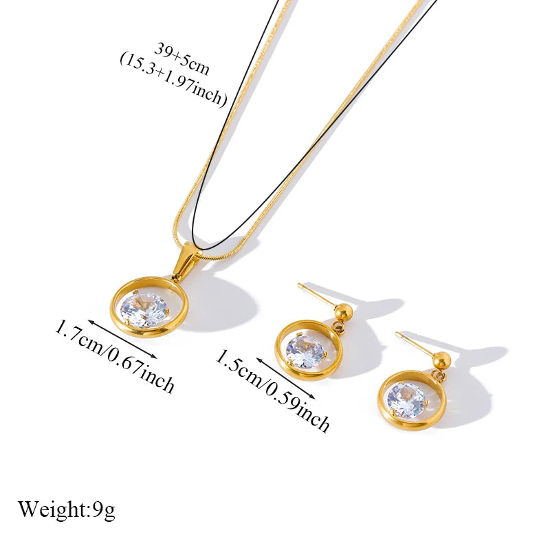 Stainless Steel Sparkling White Zircon Necklace Earrings Set