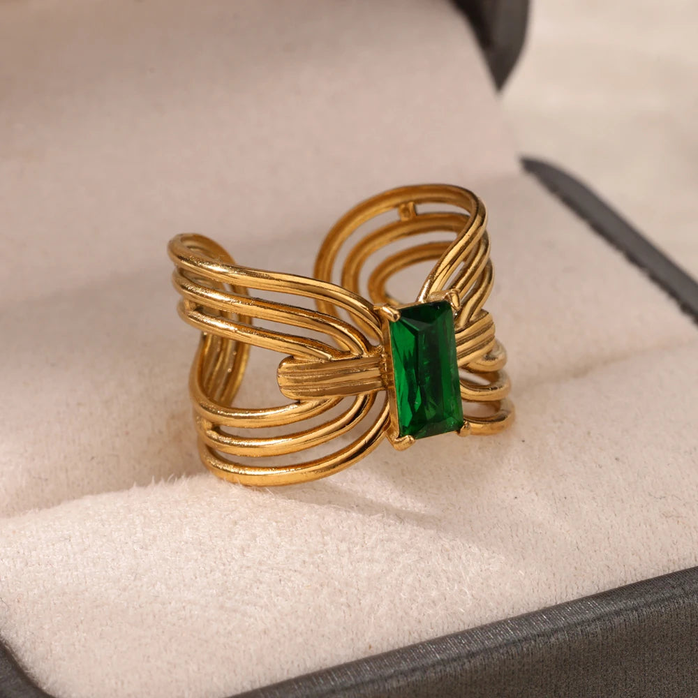 Vintage Green Zircon Adjustable Ring - Geometric Gold Stainless Steel Wedding Jewelry