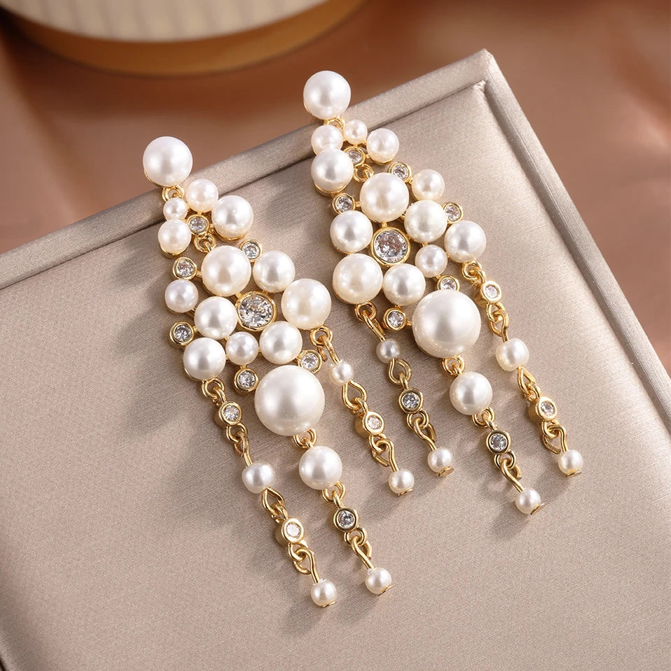 Pearl Zircon Tassel Long Drop Earrings
