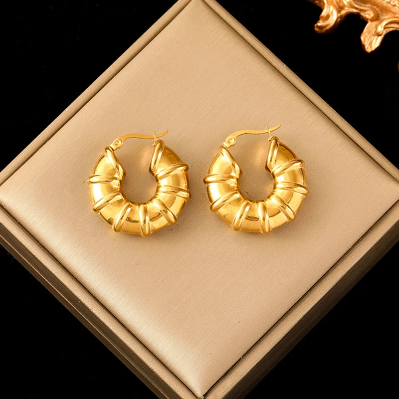 Stainless Steel Gold Color Twist Hoop Earrings