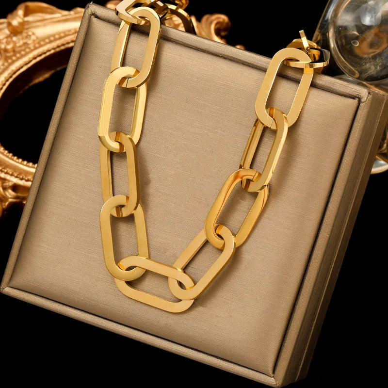 Stainless Steel Gold Color Thick Link Chain Necklace