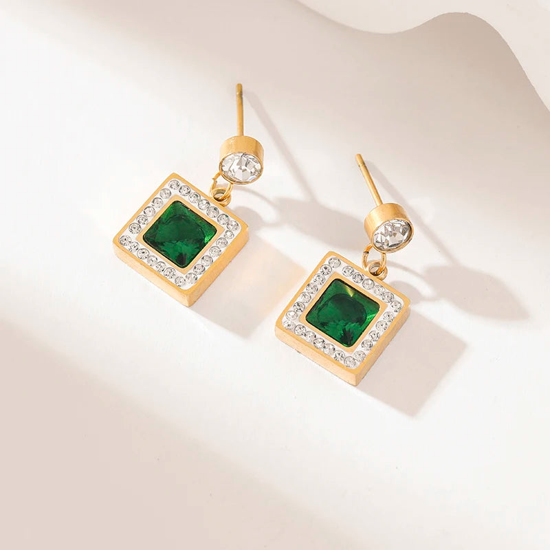 Stainless Steel Green Clover Zircon Necklace Bracelet Earrings