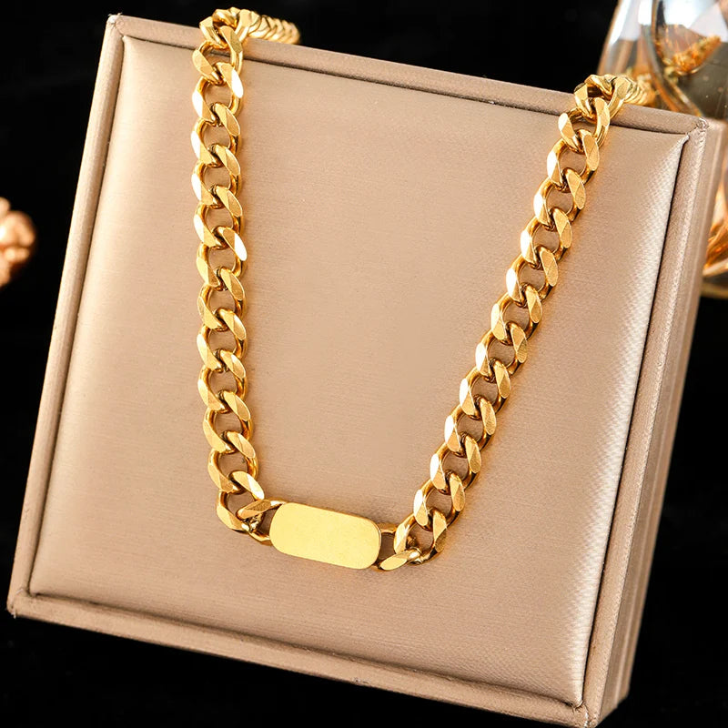 Stainless Steel Metal Cuban Chain Wide Neck Necklace