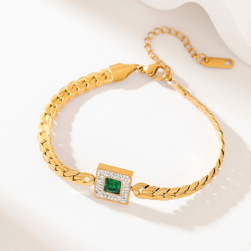 Stainless Steel Green Clover Zircon Necklace Bracelet Earrings