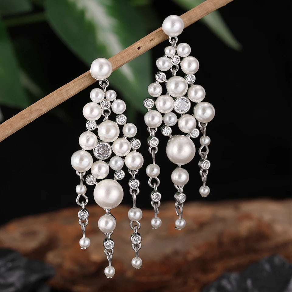 Pearl Zircon Tassel Long Drop Earrings