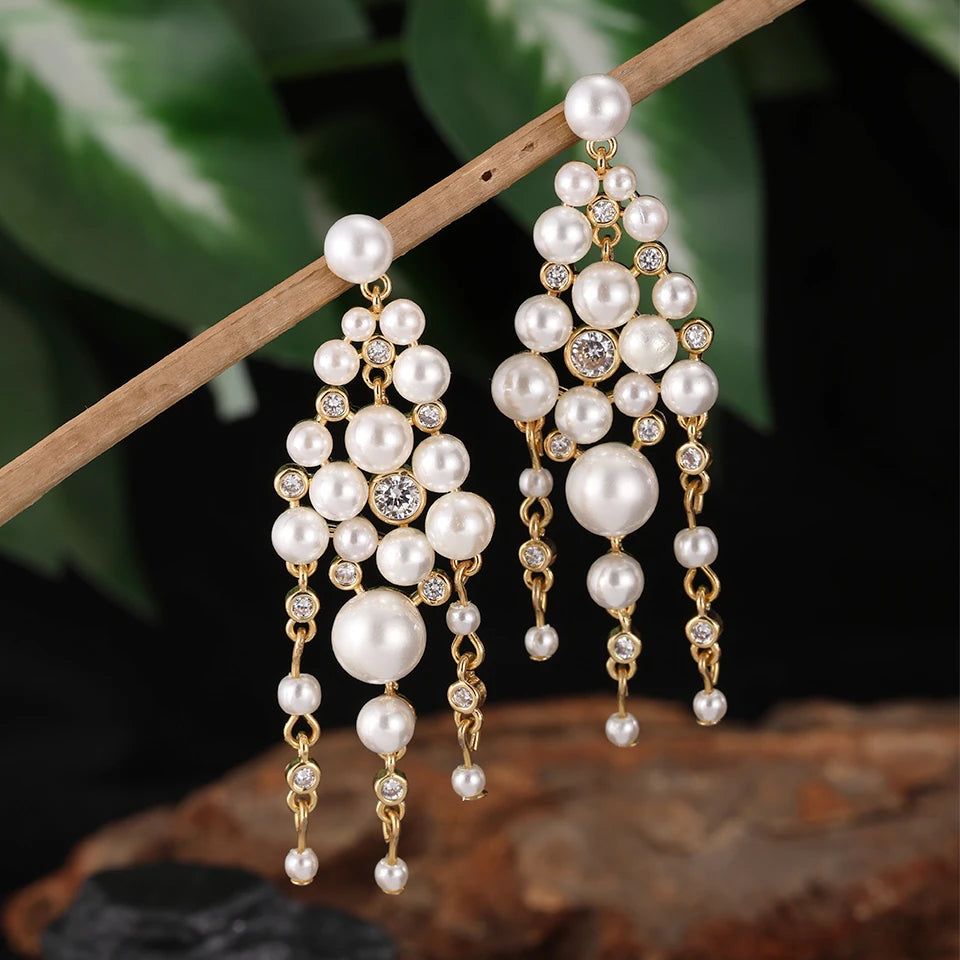 Pearl Zircon Tassel Long Drop Earrings