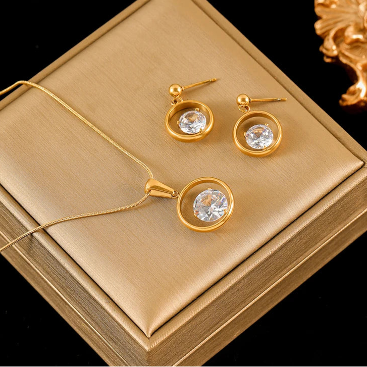 Stainless Steel Sparkling White Zircon Necklace Earrings Set