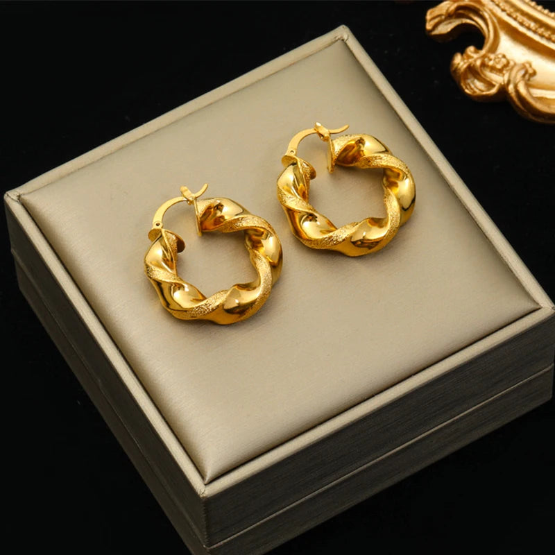 Stainless Steel Gold Color Twist Hoop Earrings