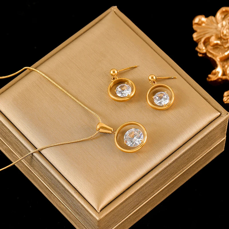 Stainless Steel Sparkling White Zircon Necklace Earrings Set