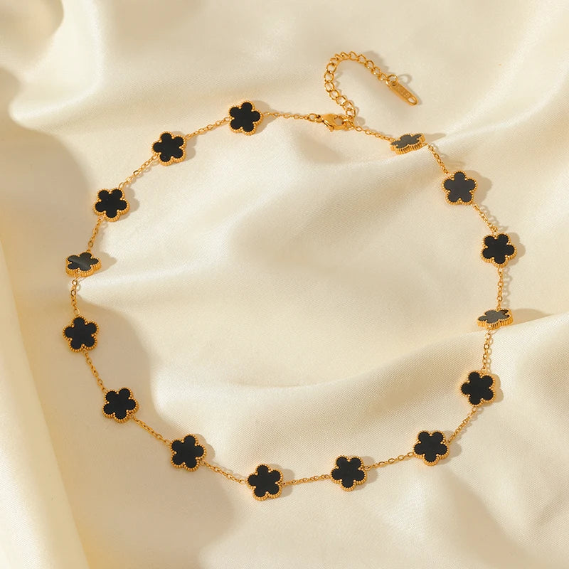 Stainless Steel Black Five Leaf Clover Tassel Pendant Necklace