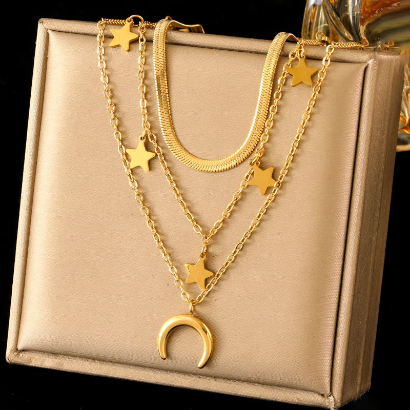Stainless Steel Moon Starfish Heart Portraits Pendant Necklace