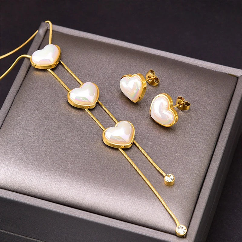 Stainless Steel Sparkling White Zircon Necklace Earrings Set