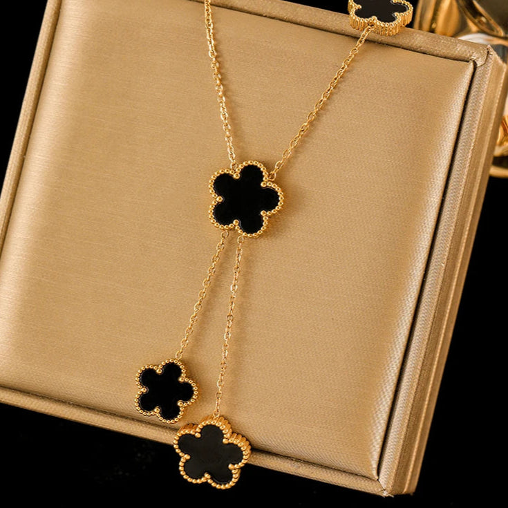 Stainless Steel Black Five Leaf Clover Tassel Pendant Necklace