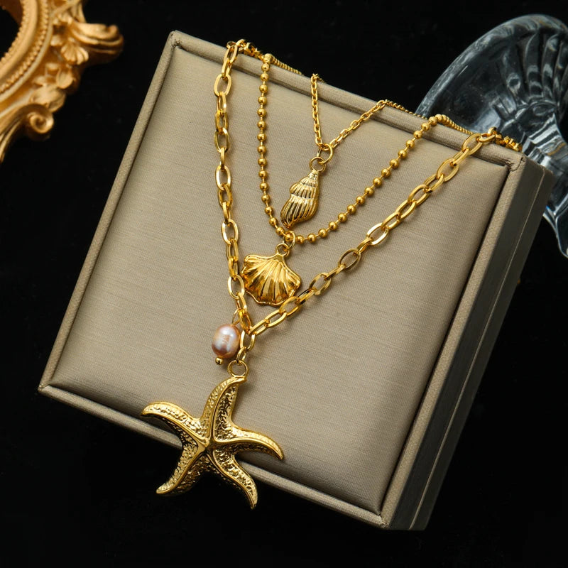 Stainless Steel Moon Starfish Heart Portraits Pendant Necklace