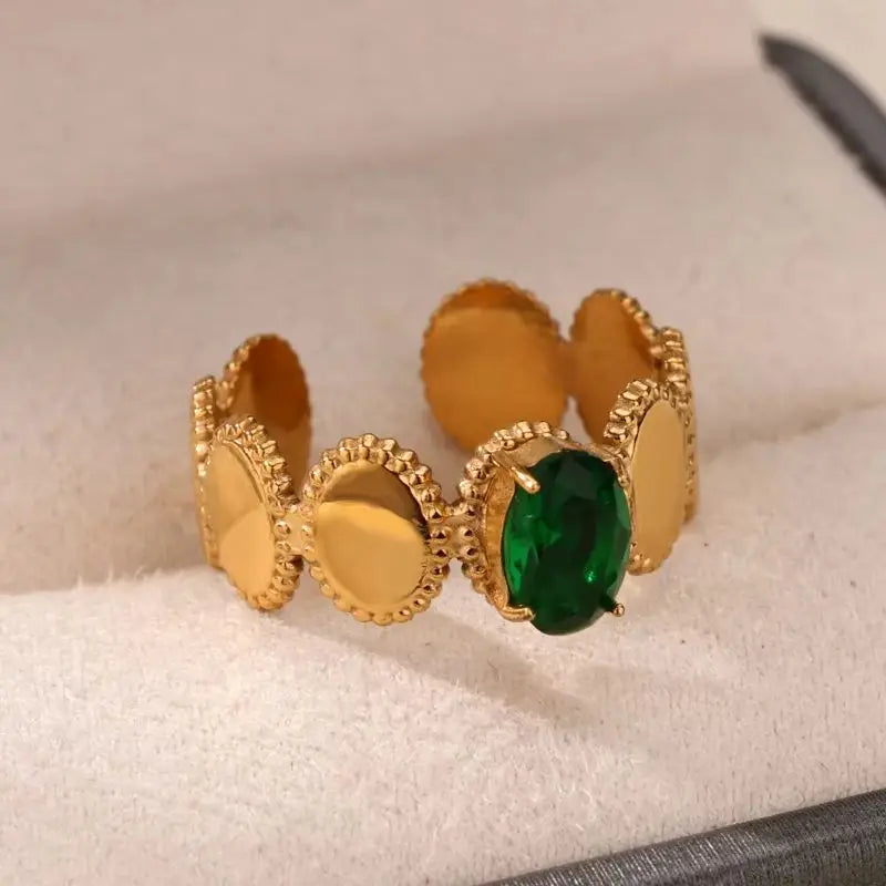 Vintage Green Zircon Adjustable Ring - Geometric Gold Stainless Steel Wedding Jewelry