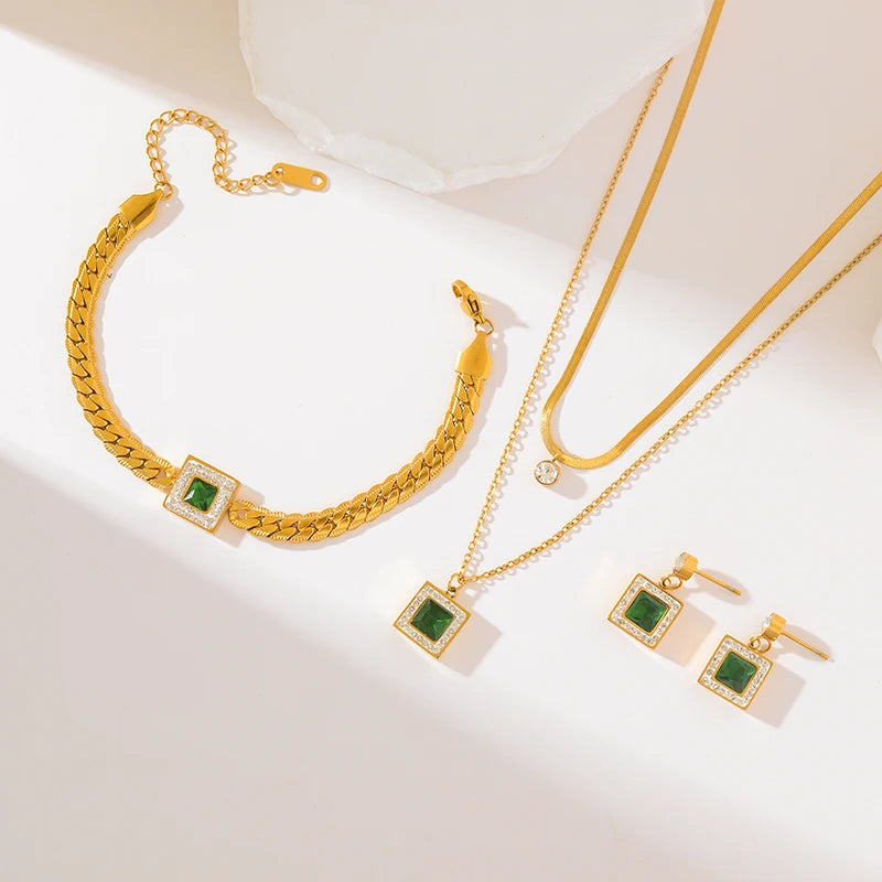 Stainless Steel Green Clover Zircon Necklace Bracelet Earrings