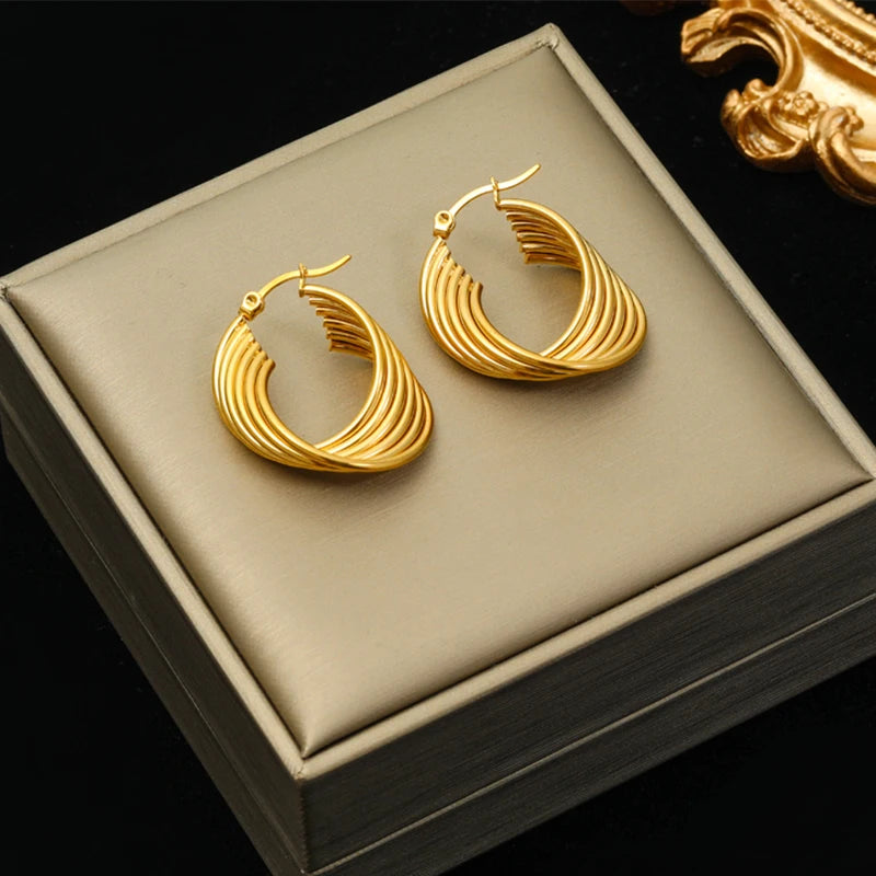 Stainless Steel Gold Color Twist Hoop Earrings