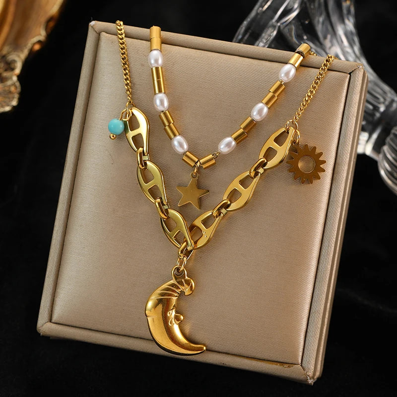 Stainless Steel Moon Starfish Heart Portraits Pendant Necklace