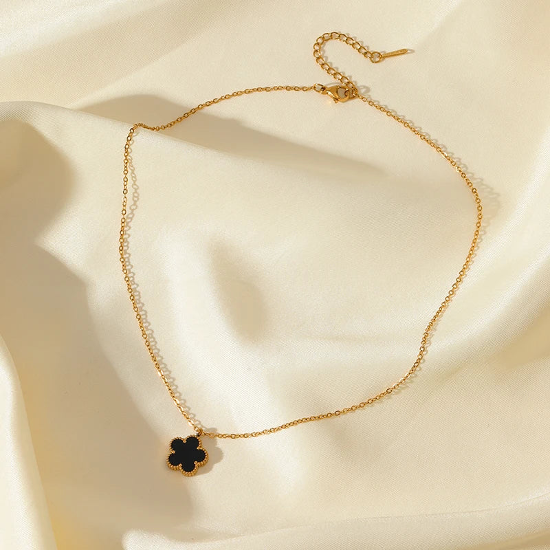 Stainless Steel Black Five Leaf Clover Tassel Pendant Necklace