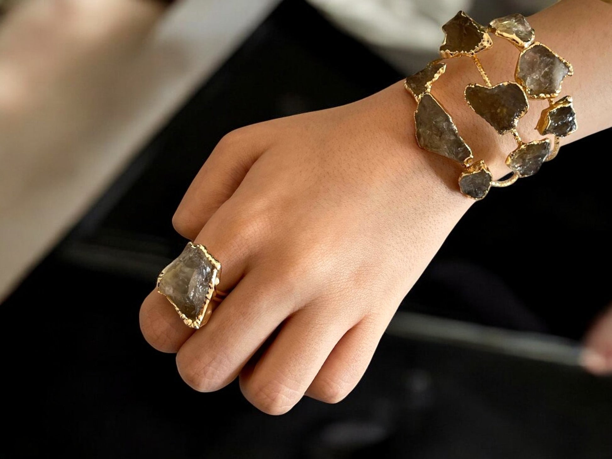 Handmade Gold-Plated Chunky Raw Agate Cuff Bracelet and Ring Set | Bohemian Bold Statement Gemstone Jewelry | Natural Stone Bracelet & Ring, Handmade In Turkey - Glam Duchess