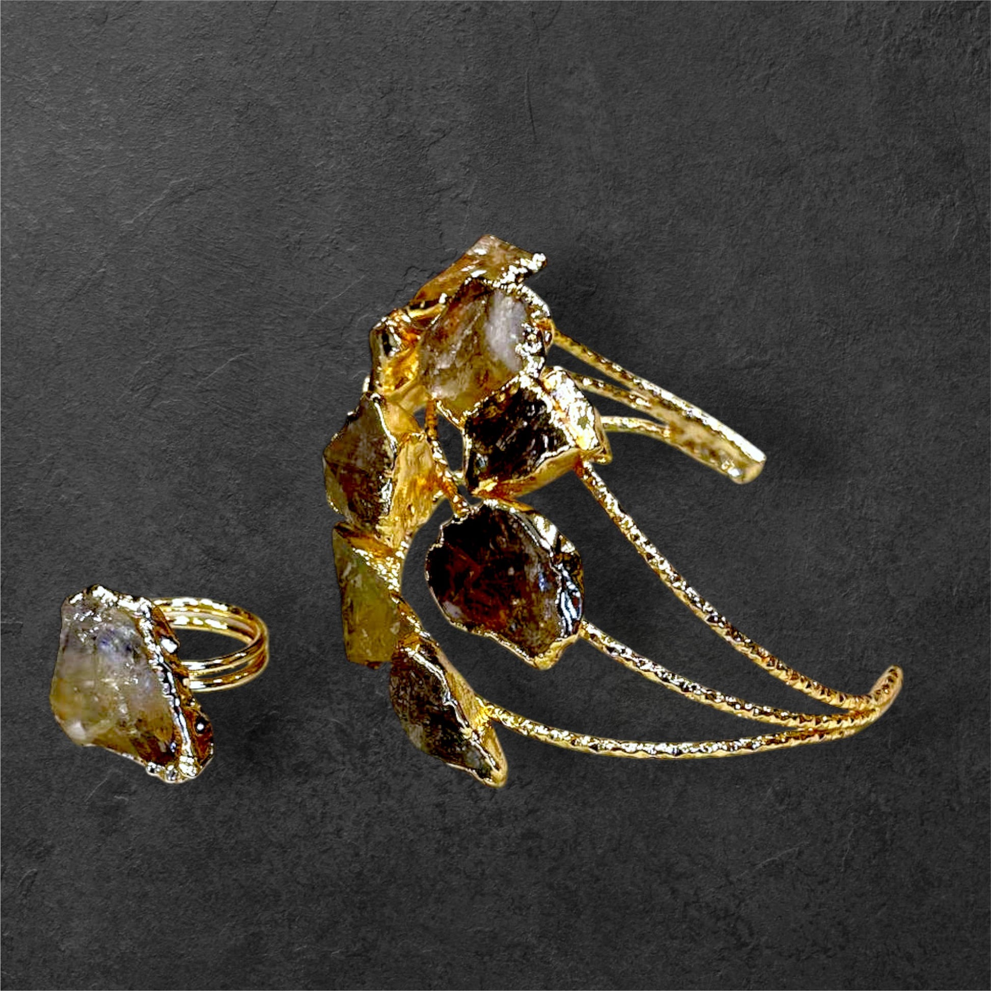 Handmade Gold-Plated Chunky Raw Agate Cuff Bracelet and Ring Set | Bohemian Bold Statement Gemstone Jewelry | Natural Stone Bracelet & Ring, Handmade In Turkey - Glam Duchess