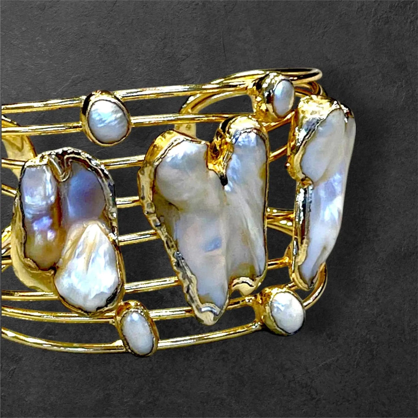 Gold Plated Cuff Bracelet | Handmade Chunky Pearl & Bohemian Gemstone Ring Set by Glam Duchess (handmade-gold-plated-chunky-mother-of-pearl-cuff-bracelet-and-ring-set-bohemian-bold-statement-gemstone-jewelry-natural-stone-bracelet-ring-404957918)