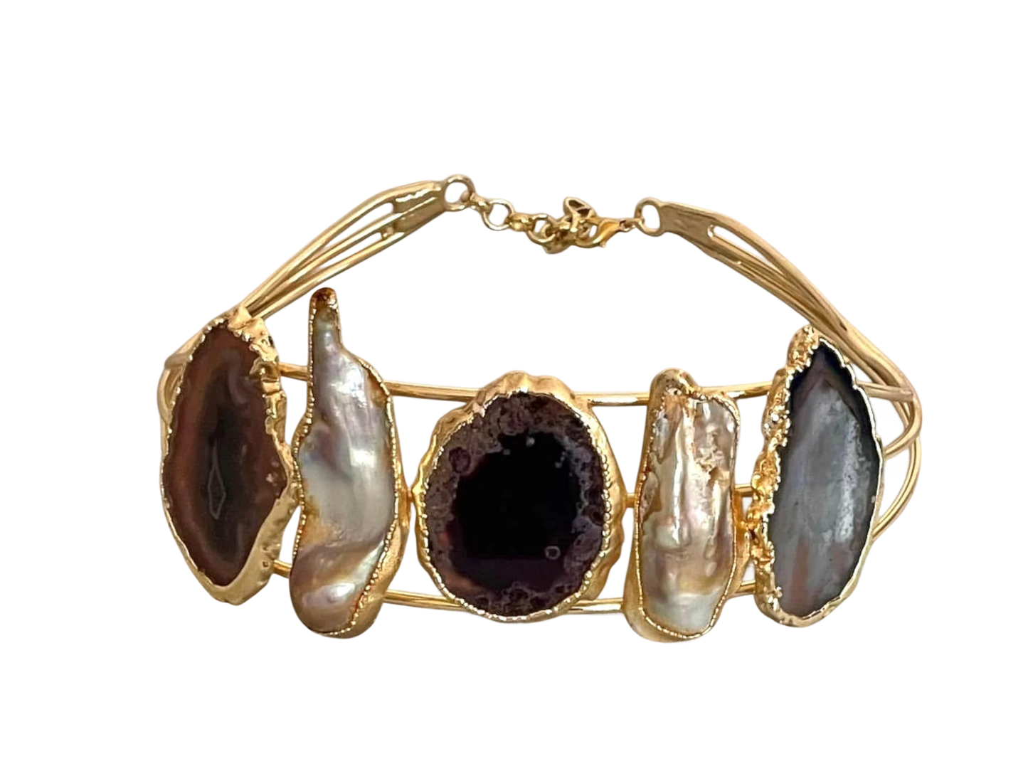 Gold Plated Choker – Handmade Baroque Pearl Necklace With Druzy Gemstone Stars by Glam Duchess (gold-plated-handmade-adjustable-chunky-natural-stone-baroque-pearl-open-choker-necklace-minimalist-modern-collar-collar-statement-ooak)