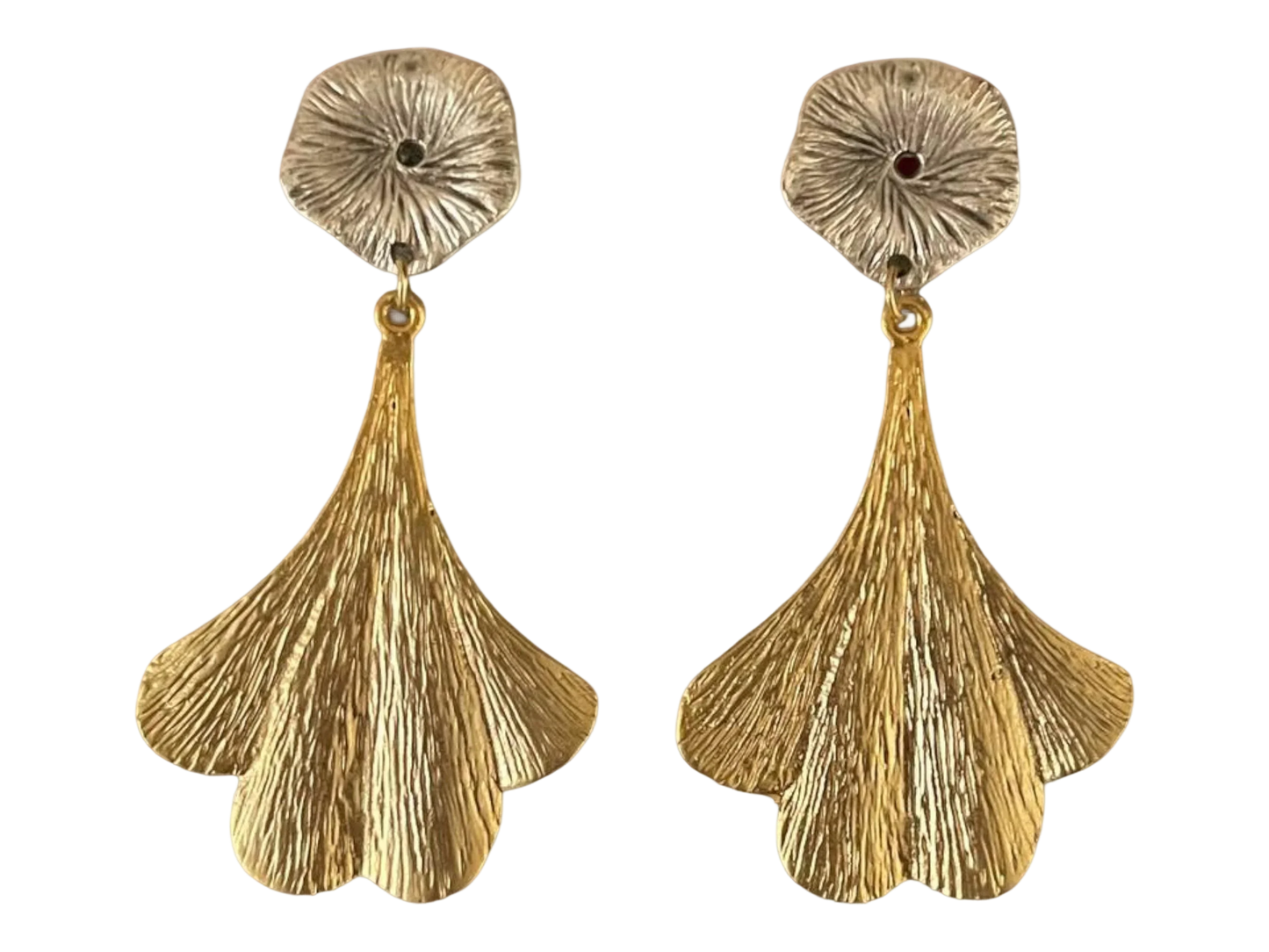 Two-Tone Gold Earrings - Handmade Dangle Fan-Shaped Gold Plated Jewelry by Glam Duchess (handmade-gold-plated-ooak-chunky-two-tone-statement-earrings-gold-silver-textured-dangle-earrings-unique-drop-jewelry-crafted-in-turkey)