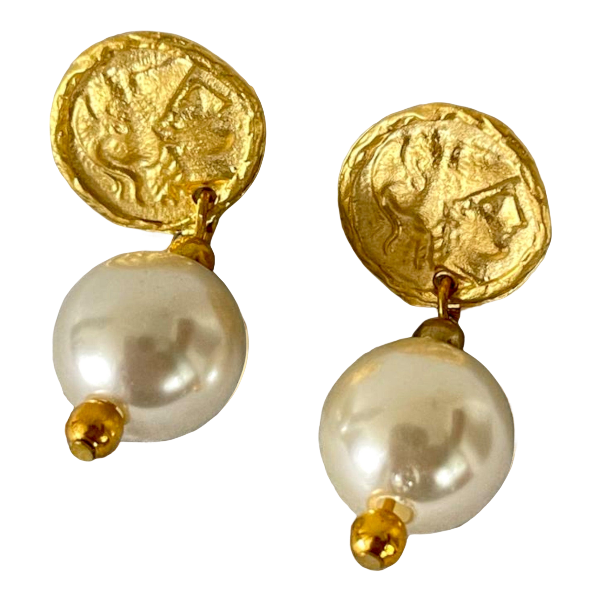 Gold Plated Pearl Dangle Earrings - Handmade Byzantine Greek Coin Drop Earrings, Handmade In Turkey - Glam Duchess