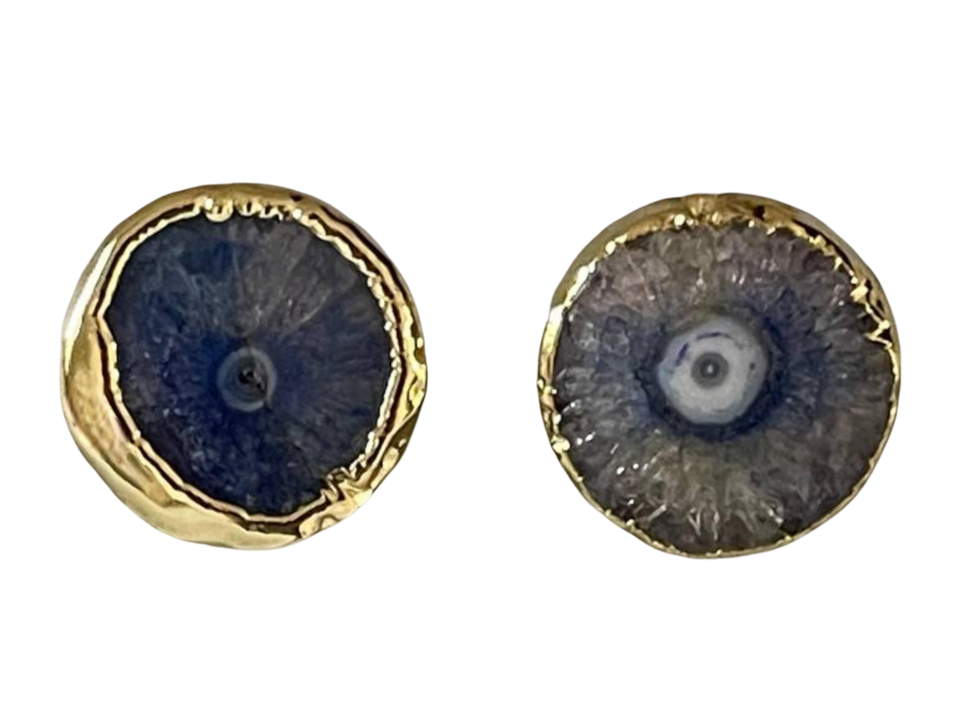 Gold Plated Blue Geode Stud Earrings - Handmade Green Natural Stone Boho Chic Jewelry, Handmade In Turkey - Glam Duchess