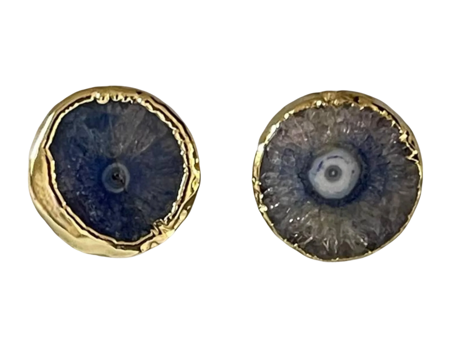 Gold Plated Earrings – Handmade Blue Geode Studs | Unique Natural Stone Jewelry by Glam Duchess (ooak-gold-plated-handmade-blue-geode-stud-earrings-green-natural-stone-earrings-jewelry-red-boho-chic-earrings-made-in-turkiye)