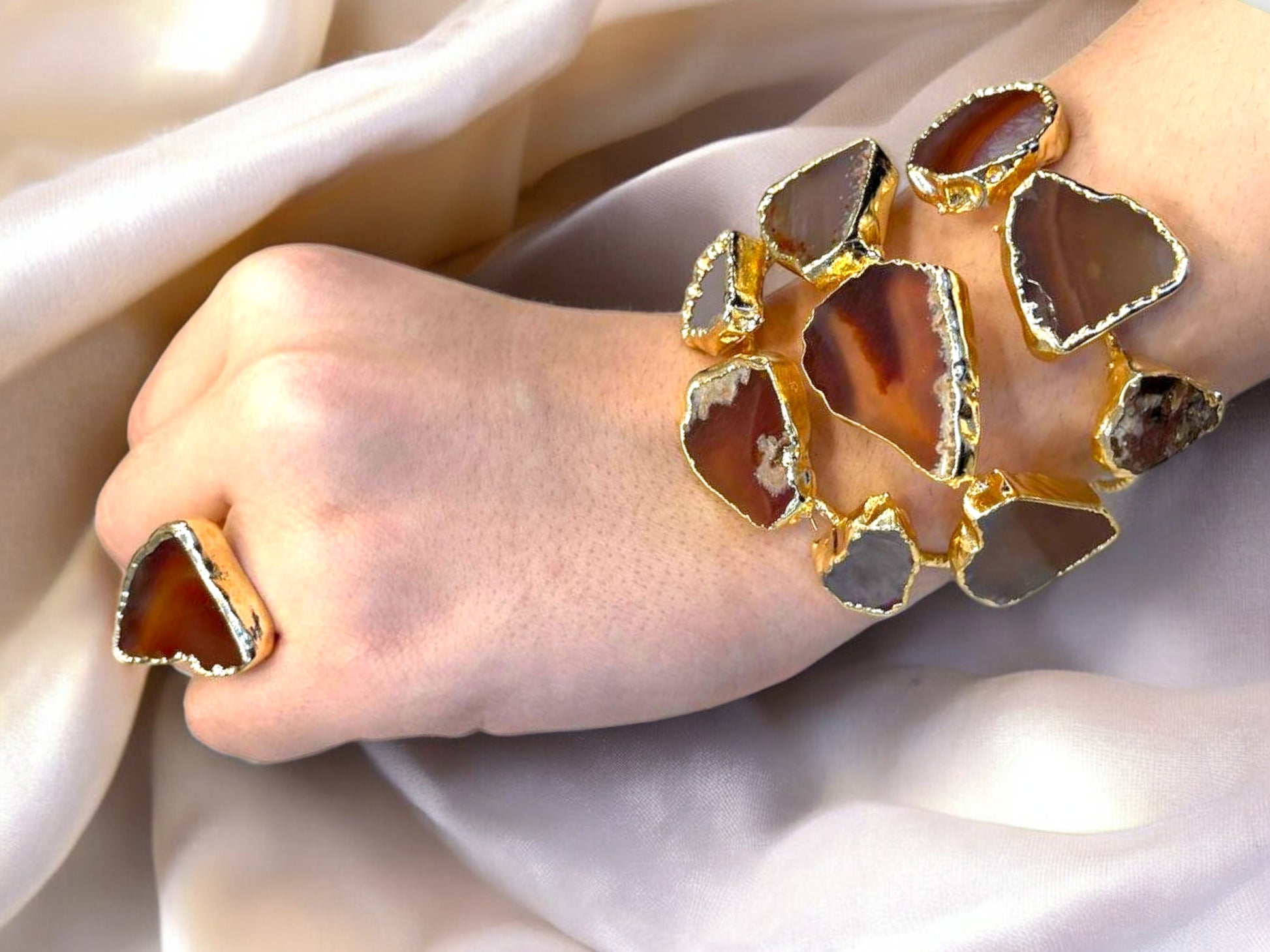 Handmade Gold-Plated Raw Agate Cuff Bracelet and Ring Set | Bohemian Bold Statement Gemstone Jewelry | Unique Natural Stone Bracelet & Ring, Handmade In Turkey - Glam Duchess