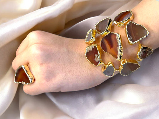 Handmade Gold-Plated Raw Agate Cuff Bracelet and Ring Set | Bohemian Bold Statement Gemstone Jewelry | Unique Natural Stone Bracelet & Ring, Handmade In Turkey - Glam Duchess