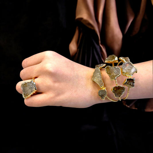 Handmade Gold-Plated Chunky Raw Agate Cuff Bracelet and Ring Set | Bohemian Bold Statement Gemstone Jewelry | Natural Stone Bracelet & Ring, Handmade In Turkey - Glam Duchess