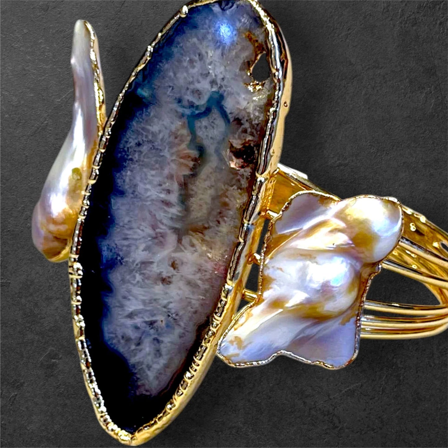 Handmade Gold-Plated Chunky Raw Agate & Pearl Cuff Bracelet and Ring Set | Bohemian Bold Statement Gemstone Jewelry | Natural Stone Bracelet & Ring, Handmade In Turkey - Glam Duchess