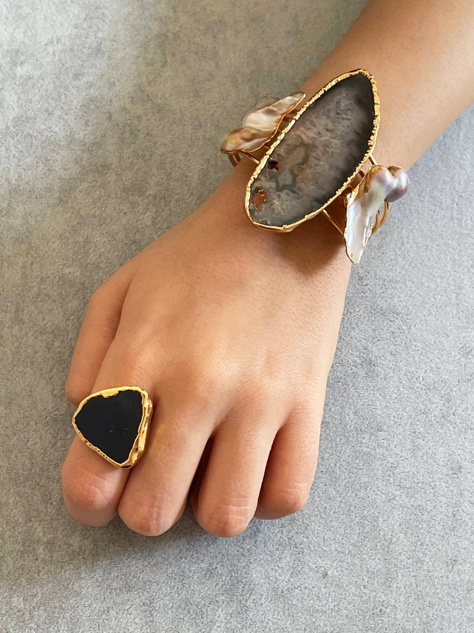 Handmade Gold-Plated Chunky Raw Agate & Pearl Cuff Bracelet and Ring Set | Bohemian Bold Statement Gemstone Jewelry | Natural Stone Bracelet & Ring, Handmade In Turkey - Glam Duchess