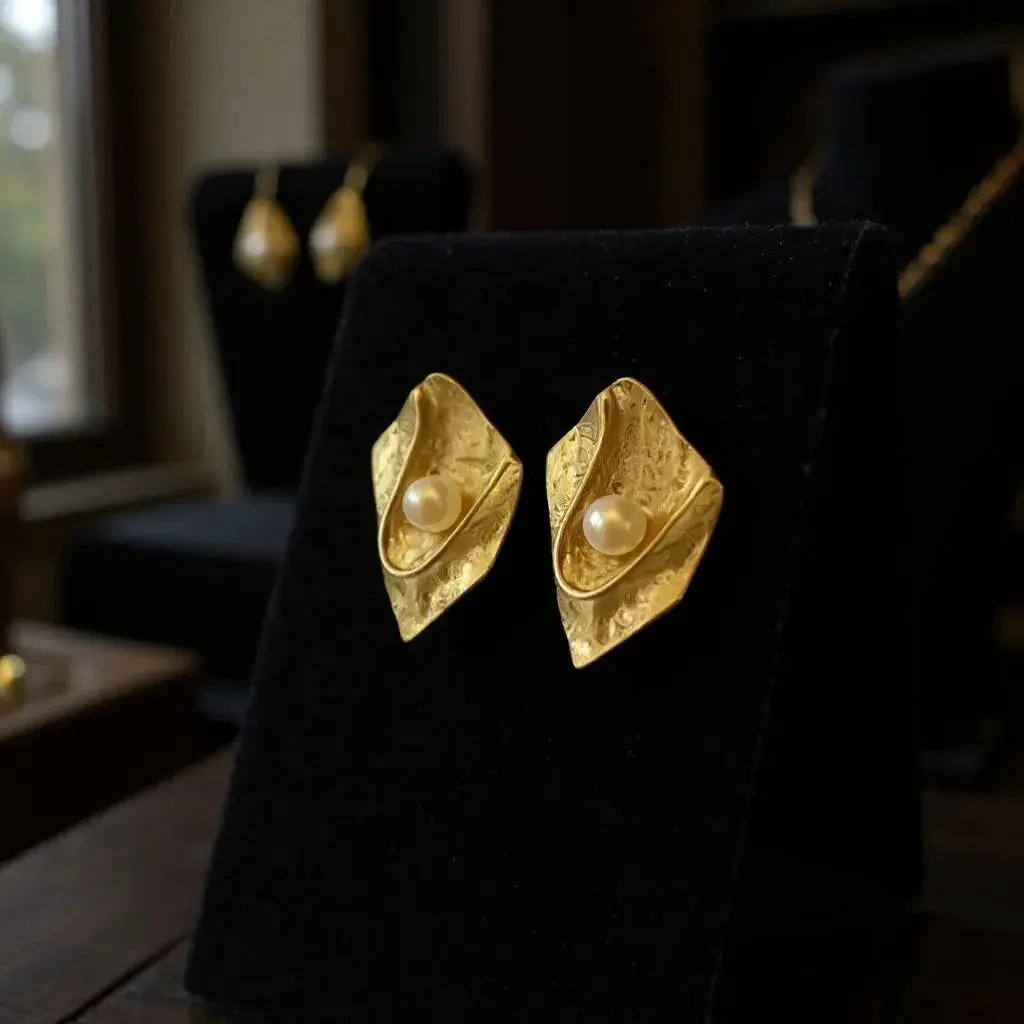 Gold Plated Pearl Earrings | Unique Handmade Statement Dangle Earrings Featuring Leaf Texture by Glam Duchess (handmade-18k-gold-plated-pearl-chunky-statement-earrings-textured-abstract-design-earrings-unique-artisan-dangle-earrings-made-in-turkey)