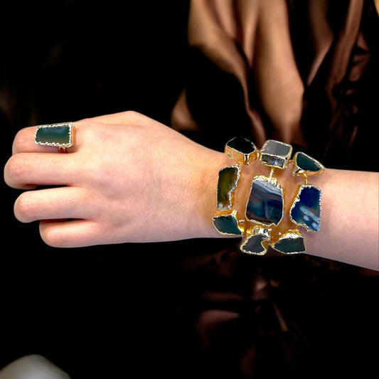 Handmade Gold-Plated Chunky Raw Agate Cuff Bracelet and Ring Set | Bohemian Bold Statement Gemstone Jewelry | Natural Stone Bracelet & Ring, Handmade In Turkey - Glam Duchess
